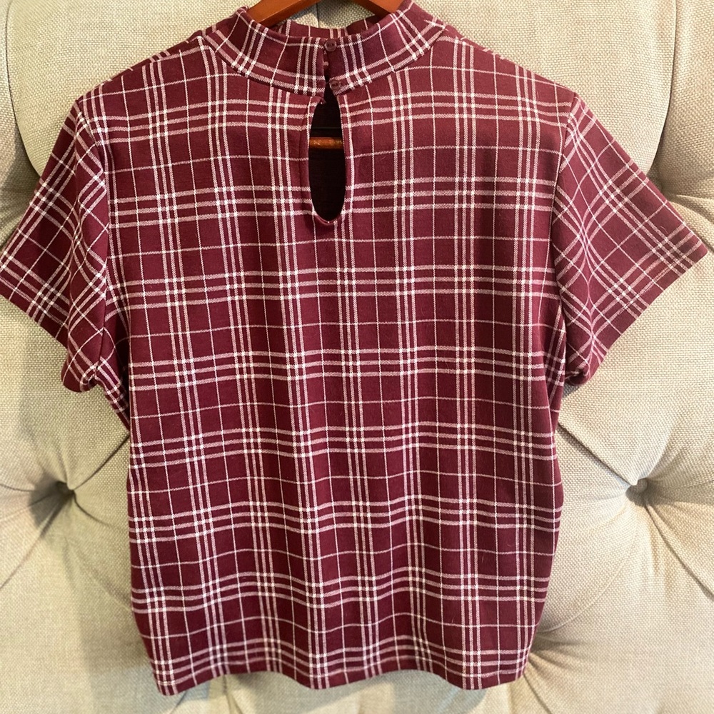 Modcloth Burgundy and White Plaid Mock-Neck Top - Picture 4 of 7